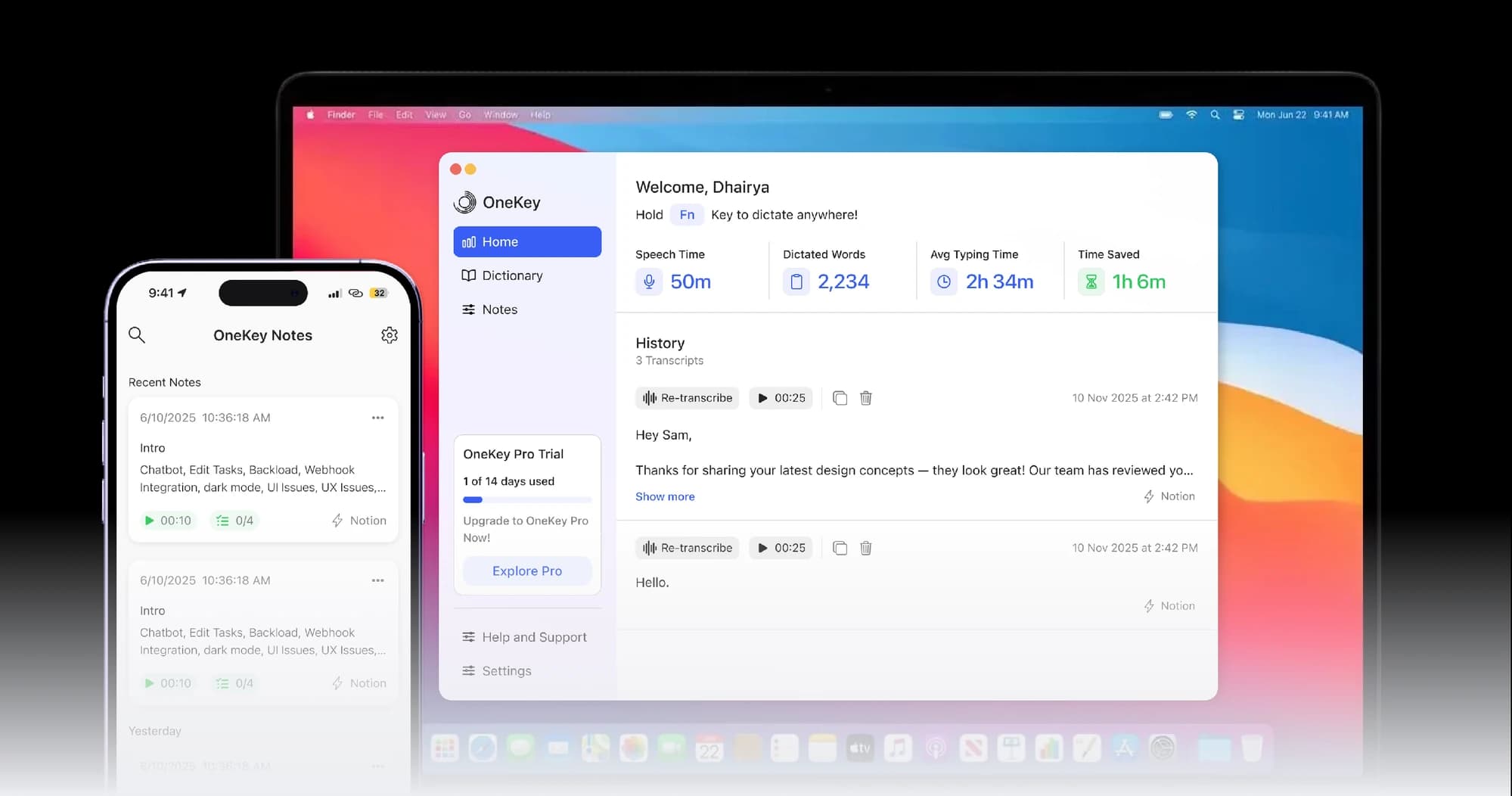 OneKey for Mac dictation dashboard on a MacBook with the OneKey Notes app on an iPhone in front